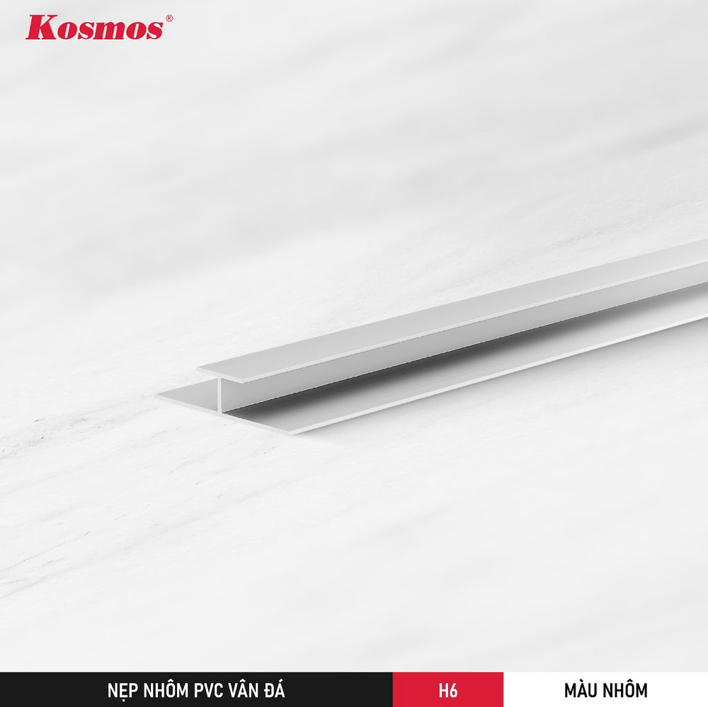 Nẹp H6 màu nhôm (H6-N) là phụ kiện che khe nối tấm ốp PVC vân đá.