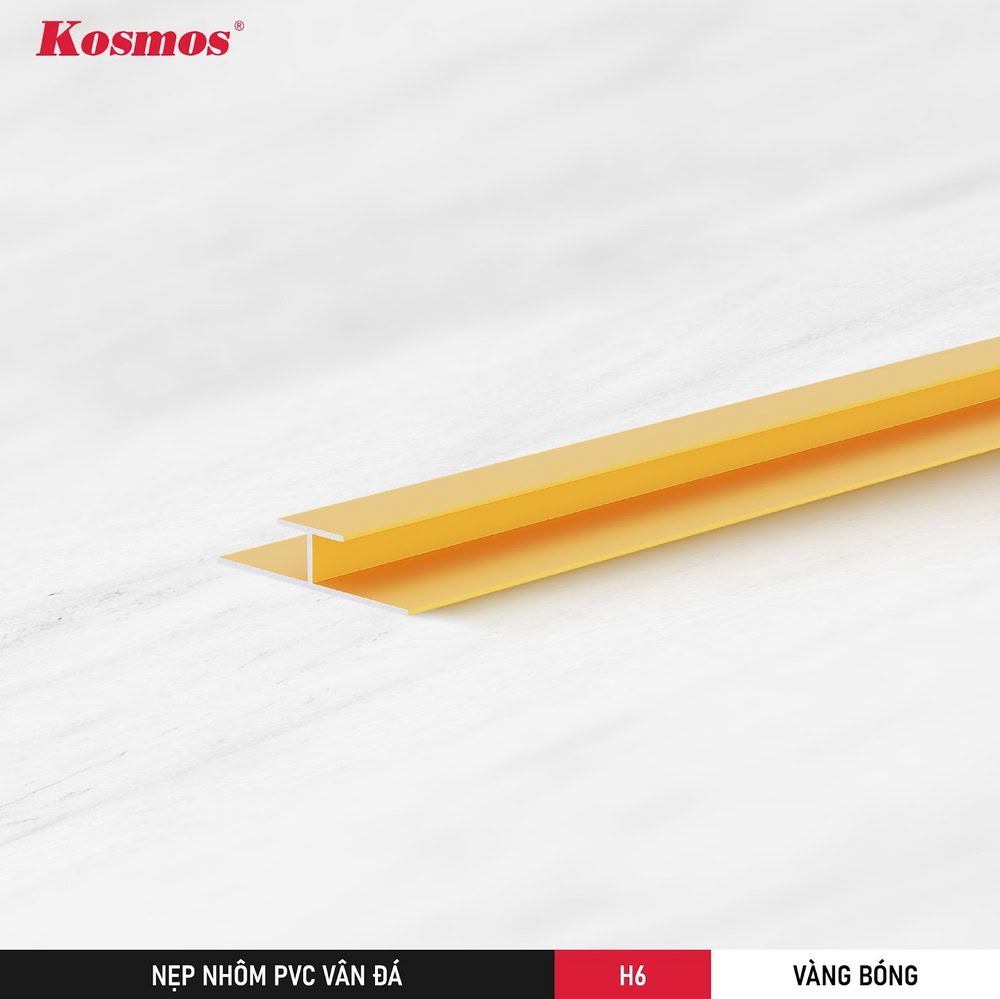 Nẹp H6 màu vàng bóng (H6-VB) là phụ kiện che khe nối tấm ốp PVC vân đá.