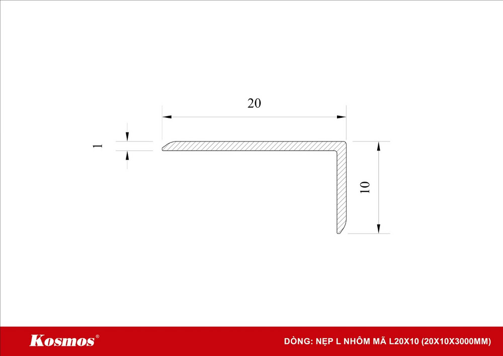 Nẹp L nhôm 20x10x3000mm
