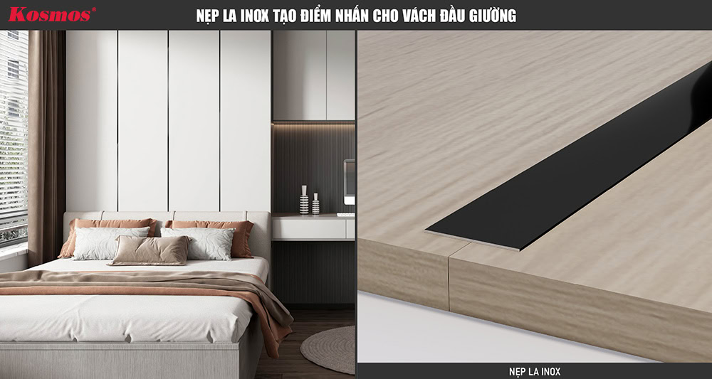 Nẹp la inox tạo điểm nhấn cho vách đầu giường Nẹp la inox tạo điểm nhấn cho vách đầu giường