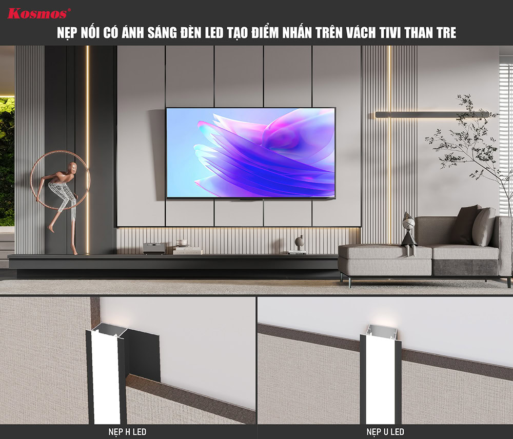 Nẹp nối có ánh sáng đèn led tạo điểm nhấn trên vách tivi than tre Nẹp nối có ánh sáng đèn led tạo điểm nhấn trên vách tivi than tre