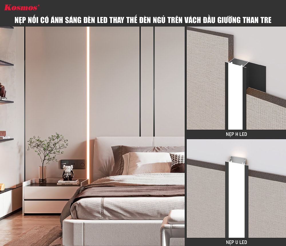 Nẹp nối có ánh sáng đèn led thay thế đèn ngủ trên vách đầu giường than tre Nẹp nối có ánh sáng đèn led thay thế đèn ngủ trên vách đầu giường than tre