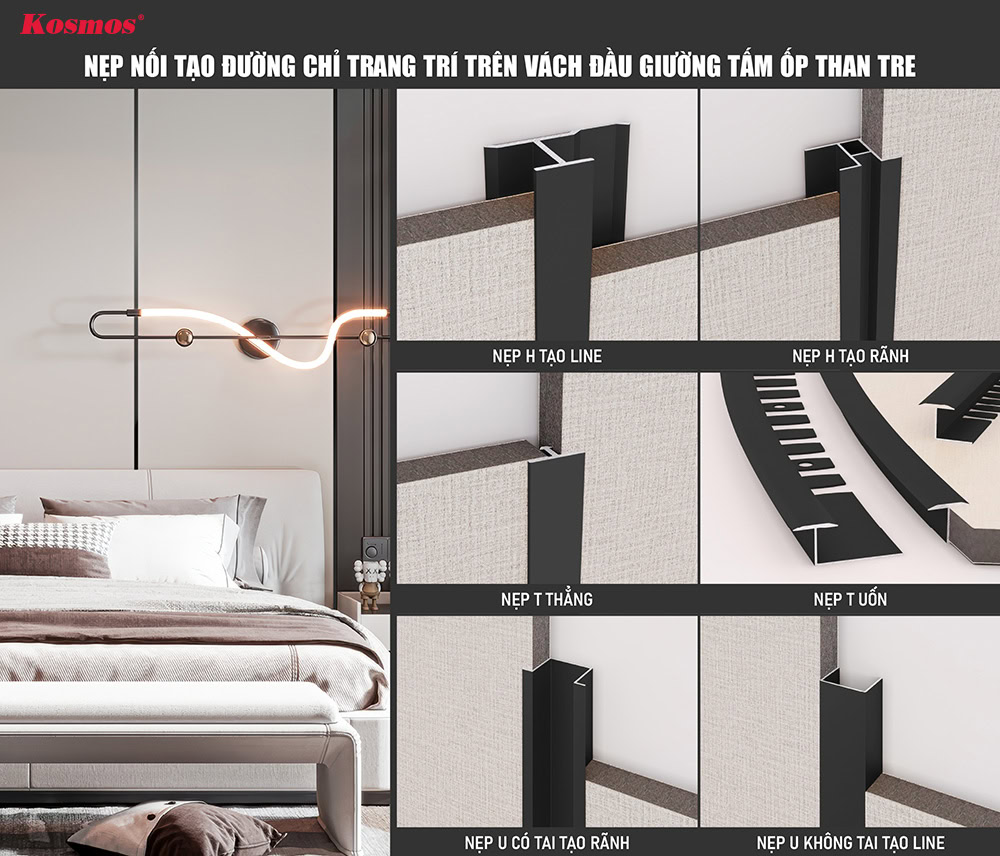 Nẹp nối tạo đường chỉ trang trí trên vách đầu giường tấm ốp than tre Nẹp nối tạo đường chỉ trang trí trên vách đầu giường tấm ốp than tre