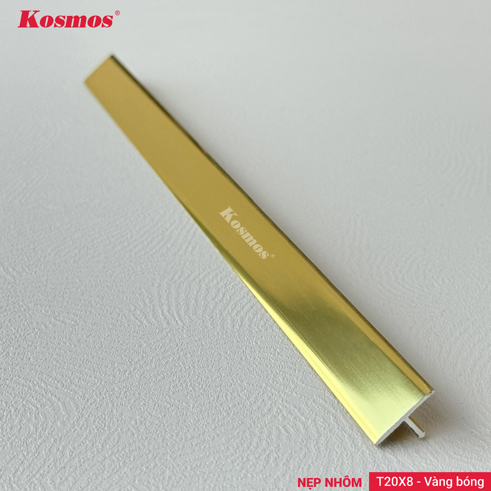Nẹp T nhôm 20x8mm màu vàng bóng Kosmos mã T20X8-VB