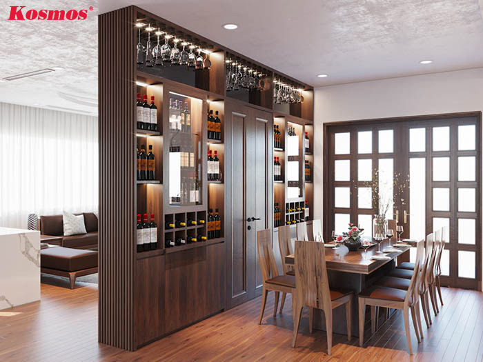 Ngăn phòng khách và bàn ăn bằng hệ tủ rượu gỗ công nghiệp