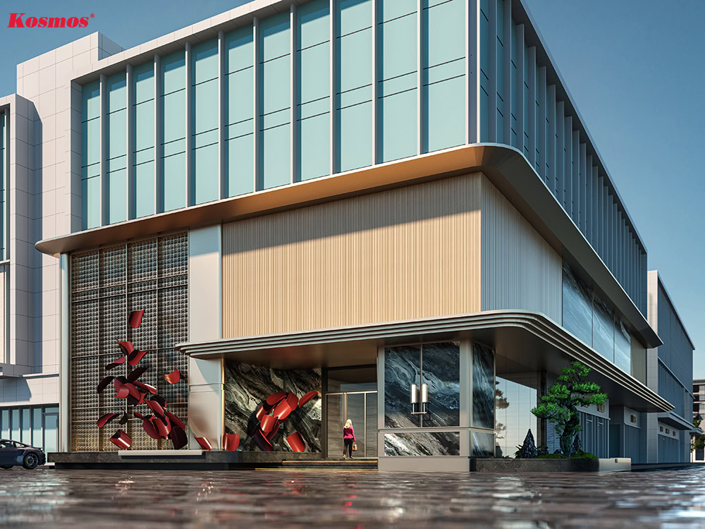 Ốp lam sóng gỗ nhựa sáng màu trang trí mặt tiền tòa nhà