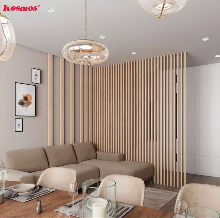 Phòng khách căn hộ ngăn không gian bằng thanh lam gỗ