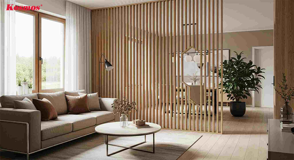 Phòng khách chung cư ngăn không gian bằng lam gỗ