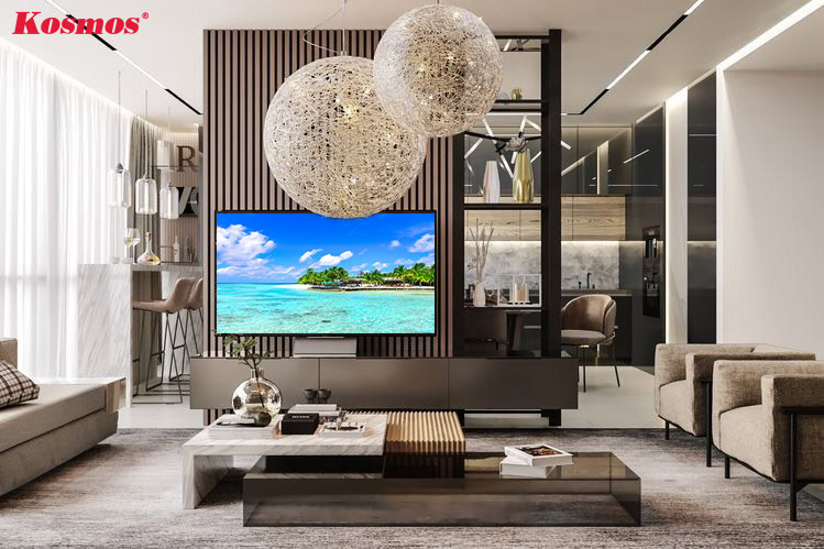 Phòng khách ngăn không gian bằng vách tivi gỗ