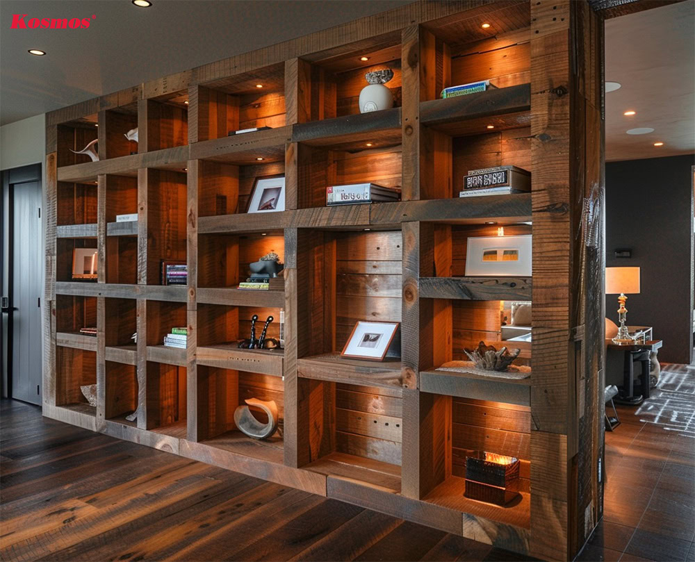 Phòng khách sang trọng chia không gian bằng tủ trang trí gỗ