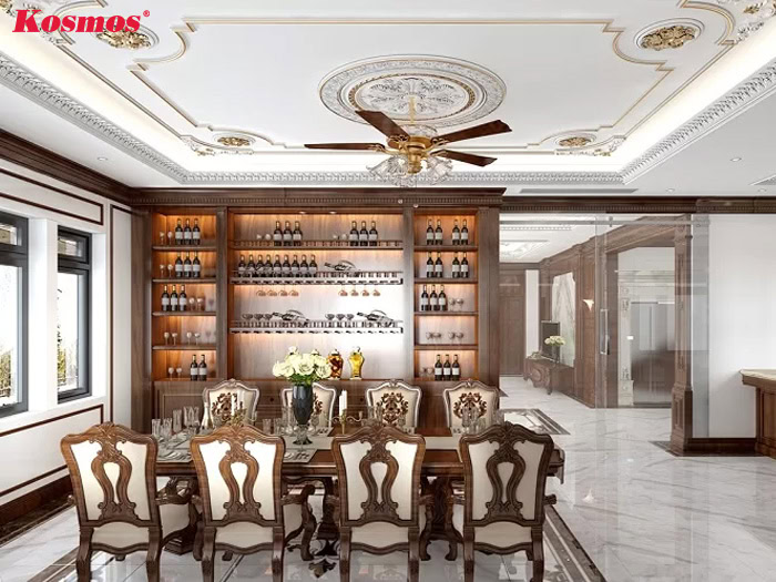 Phòng khách tân cổ điển chia không gian bằng tủ rượu