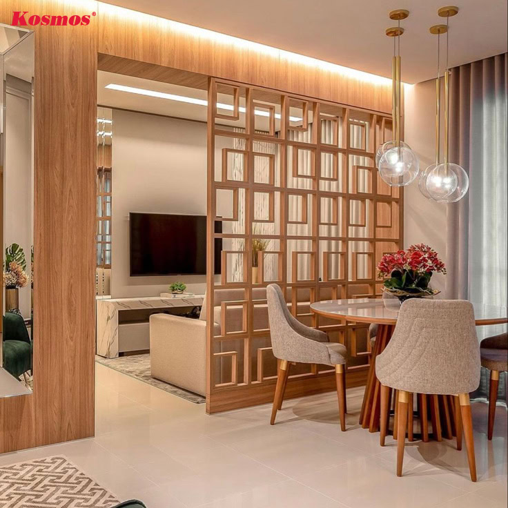 Không gian phòng khách có vách ngăn gỗ CNC đẹp