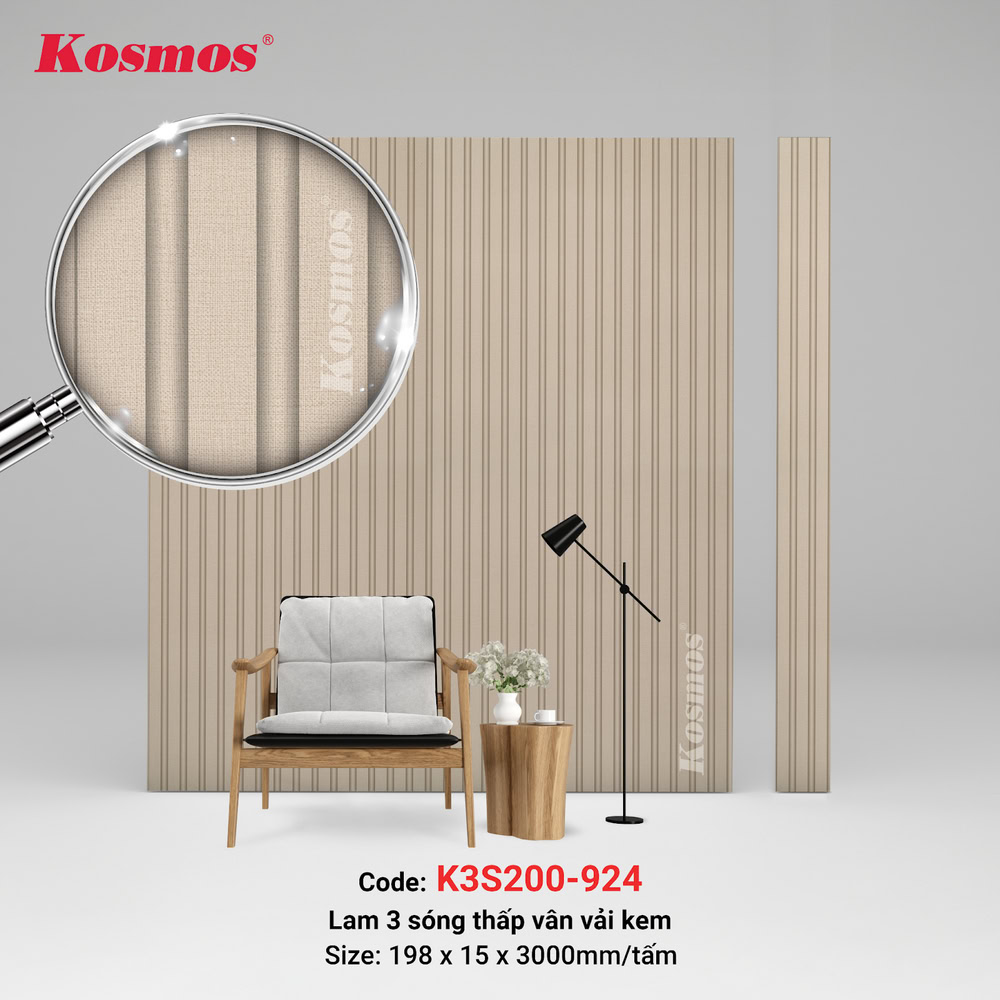Tấm ốp lam 3 sóng Kosmos vân vải kem K3S200-924 Tấm ốp lam 3 sóng Kosmos vân vải kem K3S200-924