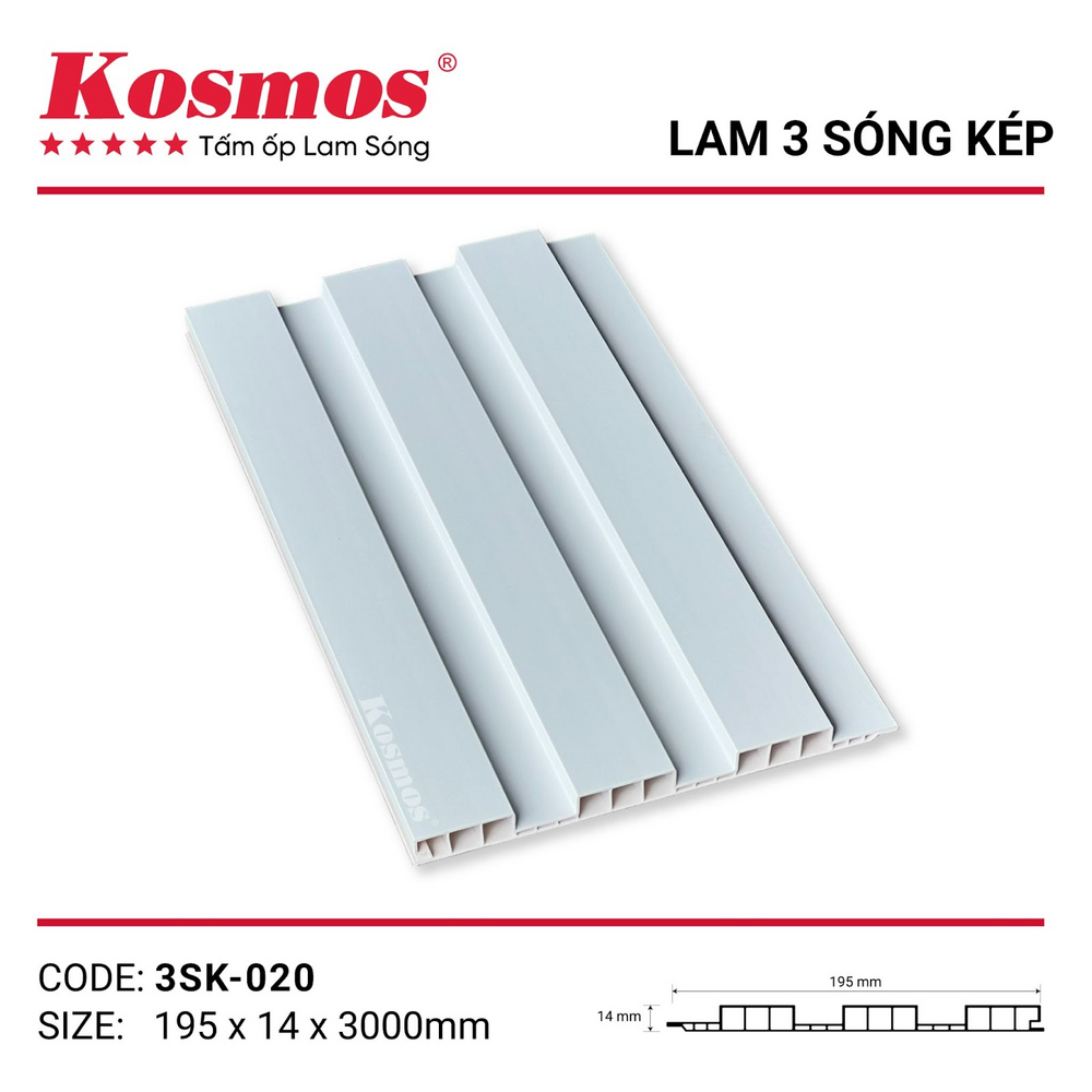 Tấm ốp lam 3 sóng thấp 3SK-020 trắng trơn Tấm ốp lam 3 sóng thấp 3SK-020 trắng trơn