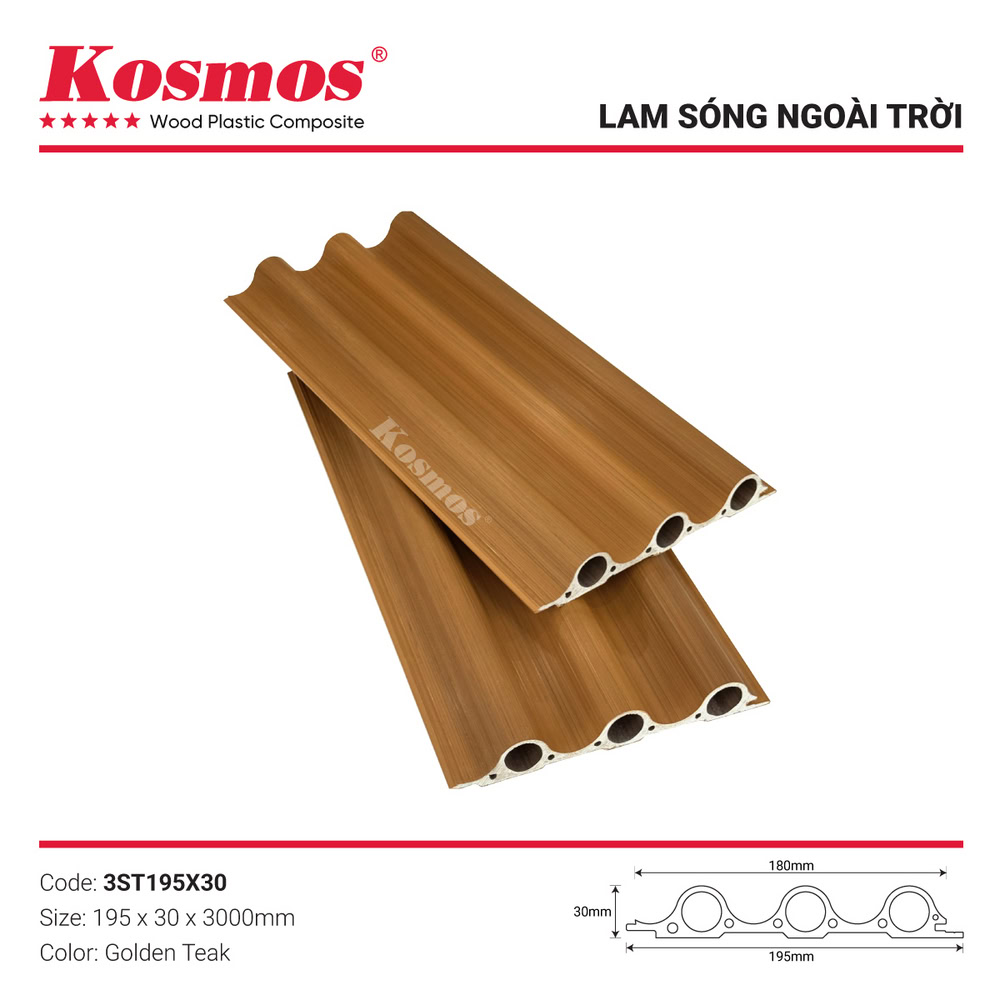 Tấm ốp lam sóng gỗ nhựa tròn ASA 3ST195X30 Golden Teak