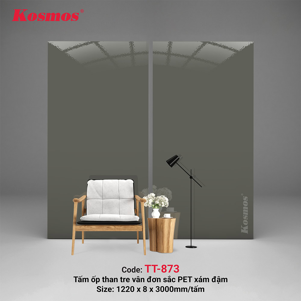 TT-873 là tấm ốp than tre đơn sắc PET xám đậm Kosmos TT-873 là tấm ốp than tre đơn sắc PET xám đậm Kosmos