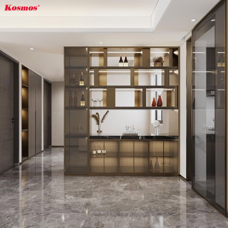 Tấm vách ngăn gỗ phòng khách kết hợp tủ trưng bày rượu