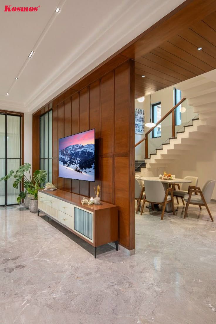 Thiết kế bức vách gỗ ngăn không gian kết hợp vách tivi