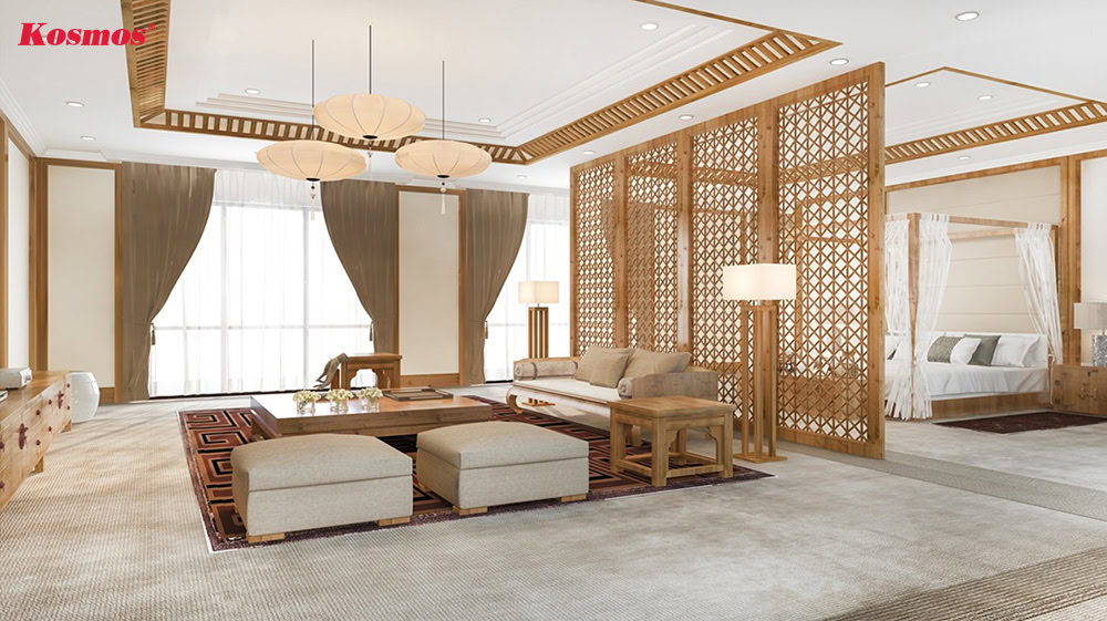 Thiết kế bức vách ngăn gỗ CNC cho không gian phòng khách