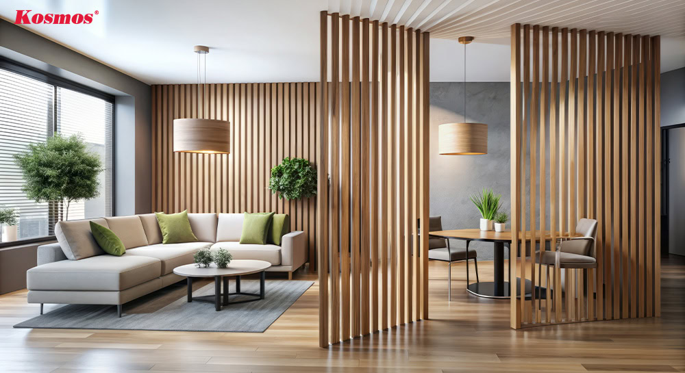 Thiết kế lam gỗ chia phòng tiếp khách đẹp, sang trọng