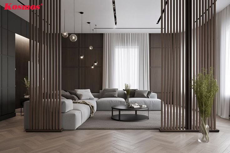 Thiết kế lam gỗ làm vách ngăn trong không gian phòng khách