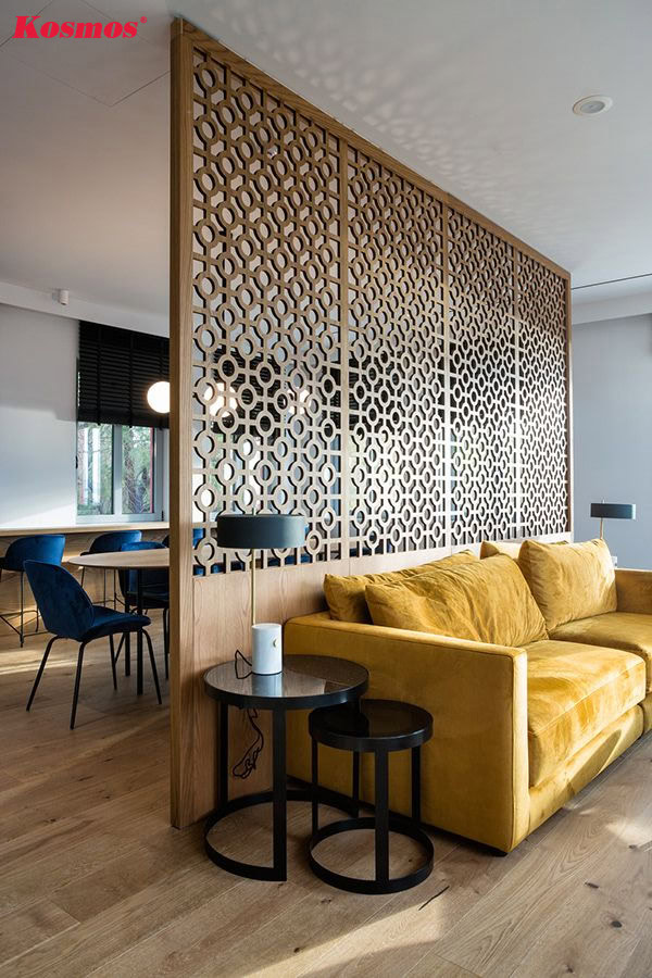 Thiết kế ngăn phòng khách và khu bếp bằng vách gỗ CNC