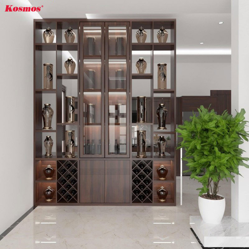Thiết kế tủ rượu bằng gỗ làm vách ngăn phòng khách