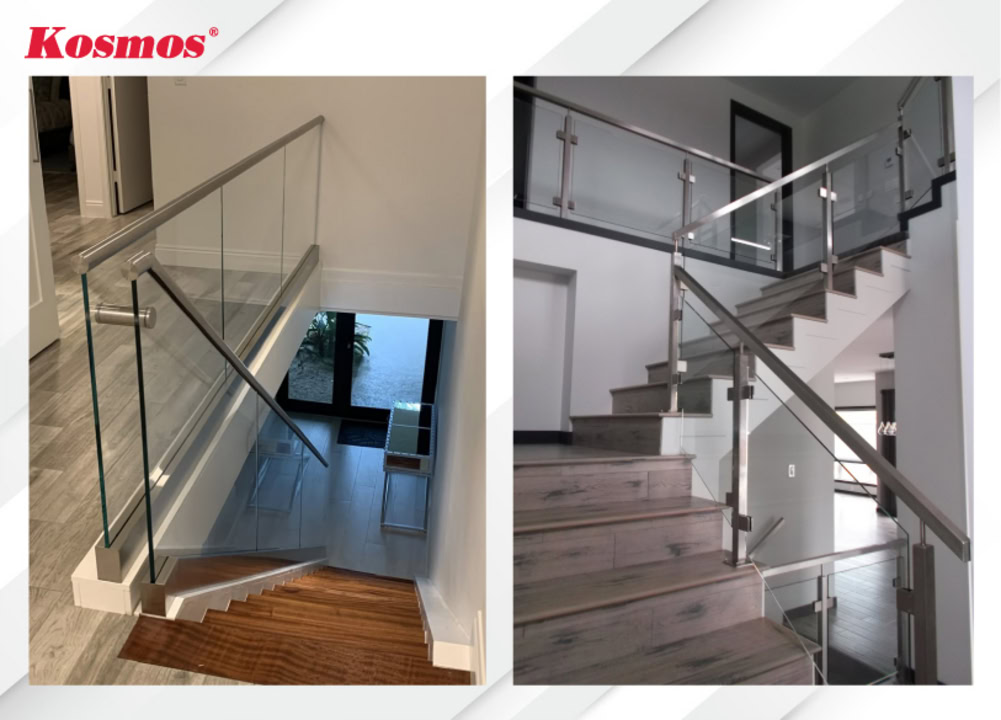 Thiết kế vách ngăn cầu thang kính khung inox hiện đại Thiết kế vách ngăn cầu thang kính khung inox hiện đại