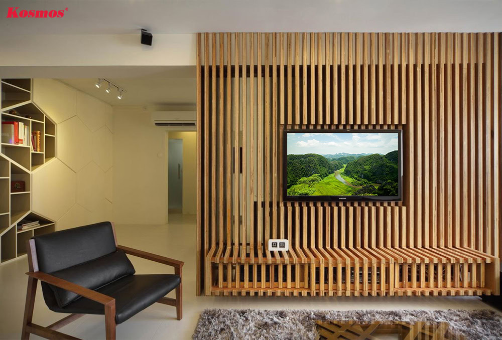 Thiết kế vách ngăn gỗ kết hợp kệ tivi phòng khách