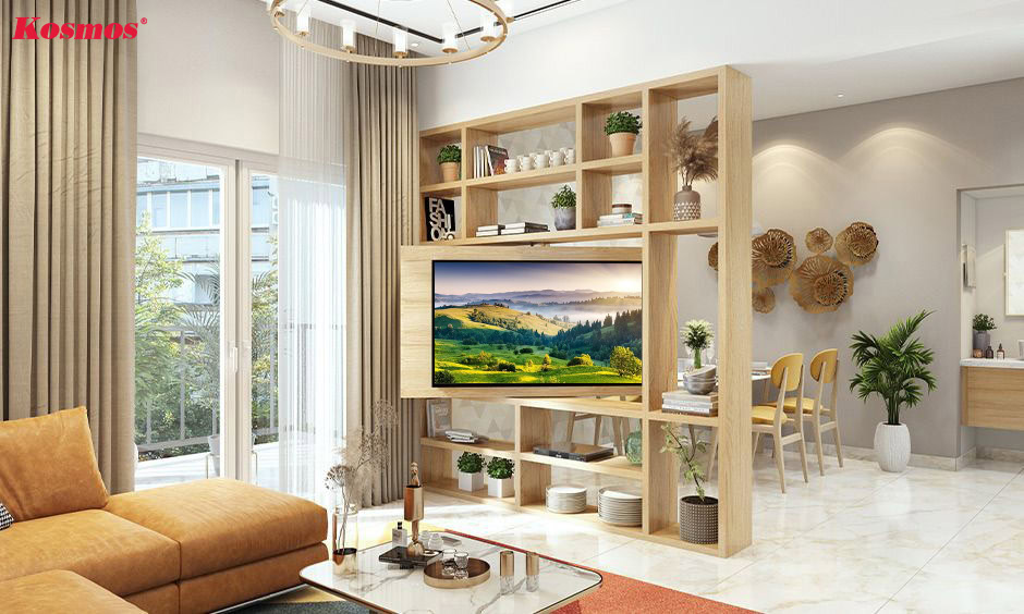Thiết kế vách ngăn gỗ kết hợp kệ tivi xoay 360 độ