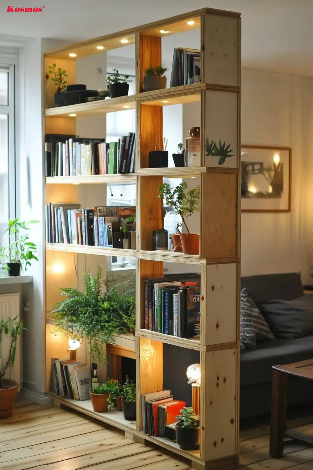 Thiết kế vách ngăn gỗ kết hợp tủ đựng sáng và cây xanh