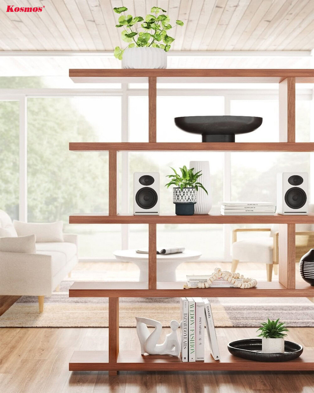 Thiết kế vách ngăn gỗ tích hợp tủ trưng bày phòng khách