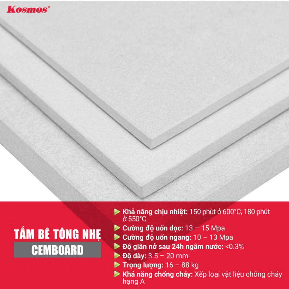 Thông số kỹ thuật của tấm bê tông nhẹ Cemboard