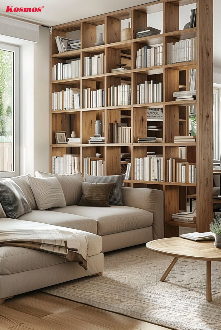 Tủ sách gỗ phân chia không gian phòng khách