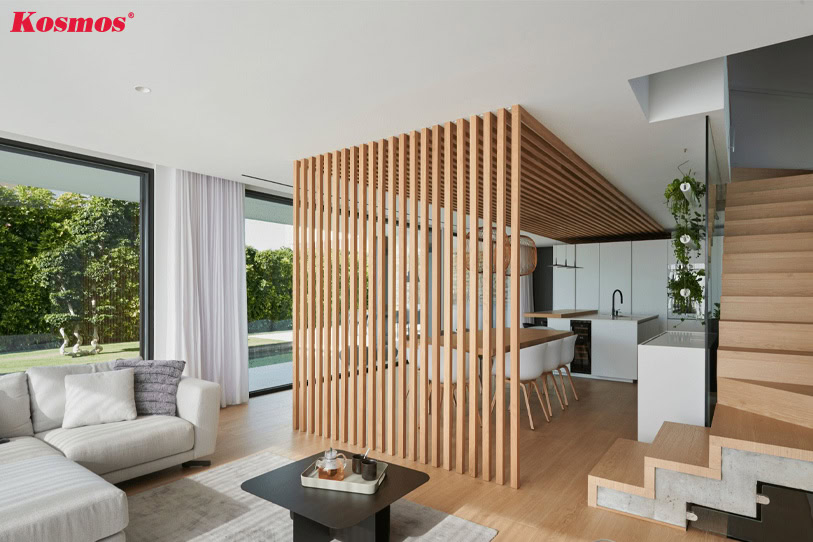 Ứng dụng lam gỗ công nghiệp làm vách phòng khách
