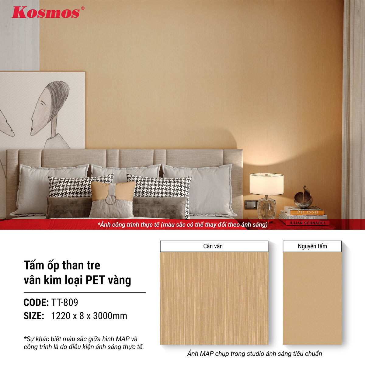 Hình ứng dụng tấm ốp than tre vân kim loại PET Kosmos màu vàng TT-809
