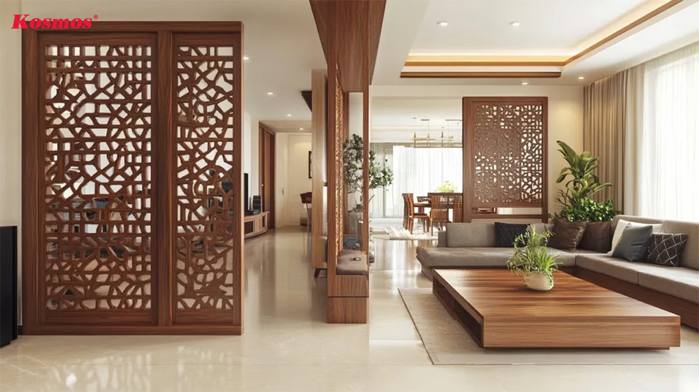 Ứng dụng vách ngăn gỗ gia công CNC trong phòng khách