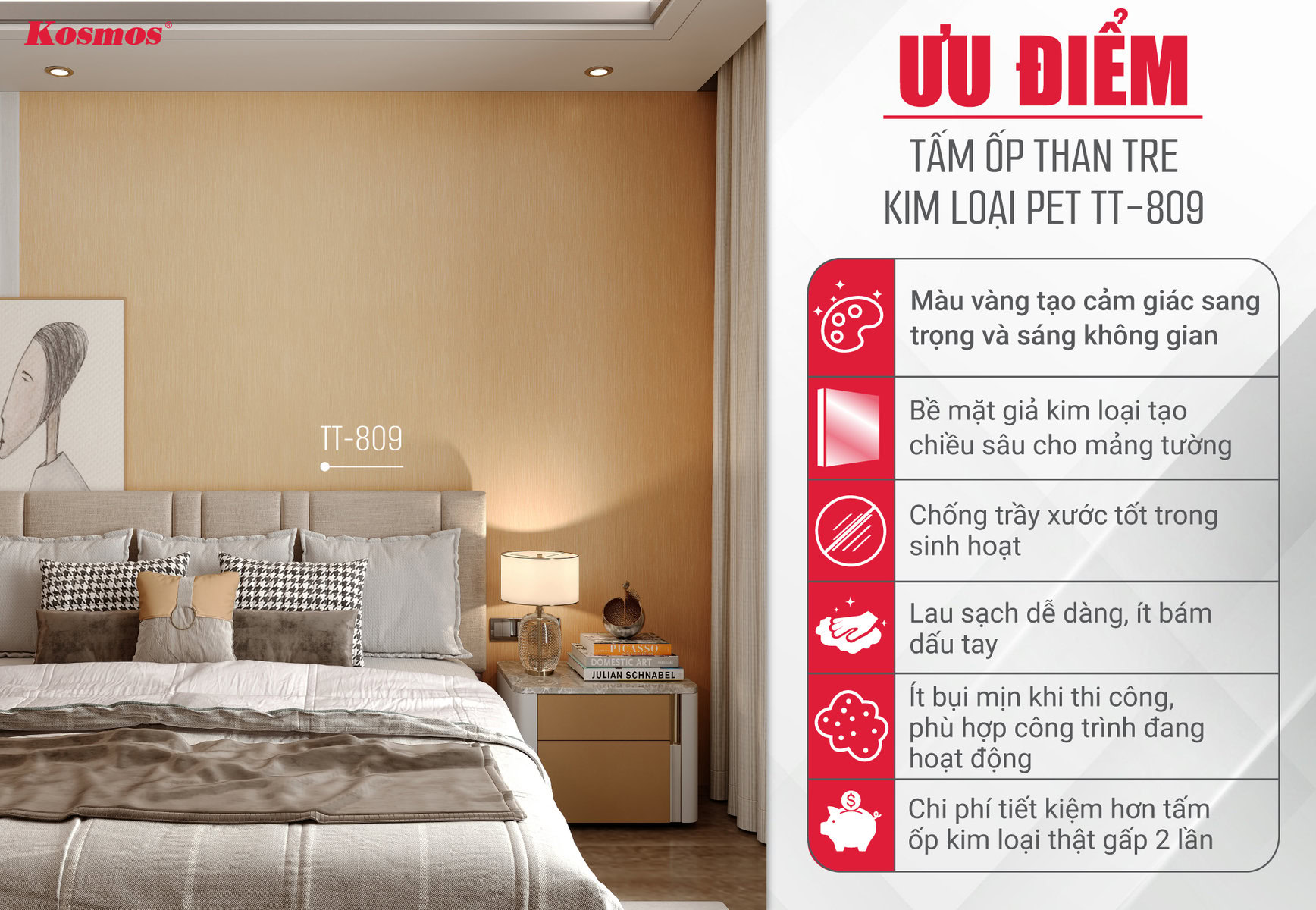 Ưu điểm của tấm ốp than tre vân kim loại PET TT-809