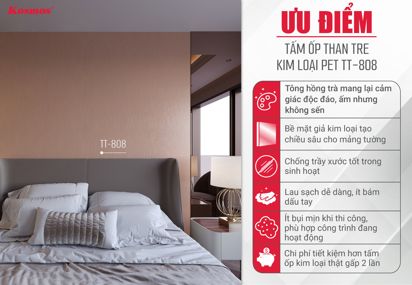 Ưu điểm của tấm ốp than tre vân kim loại PET TT-808