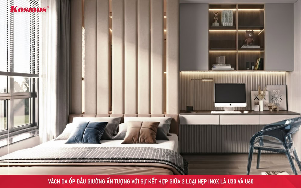 Vách da ốp đầu giường kết hợp nẹp inox U30 và U60.