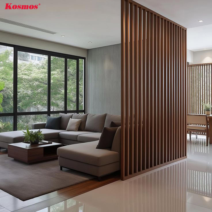 Vách ngăn thanh lam gỗ công nghiệp ứng dụng phòng khách