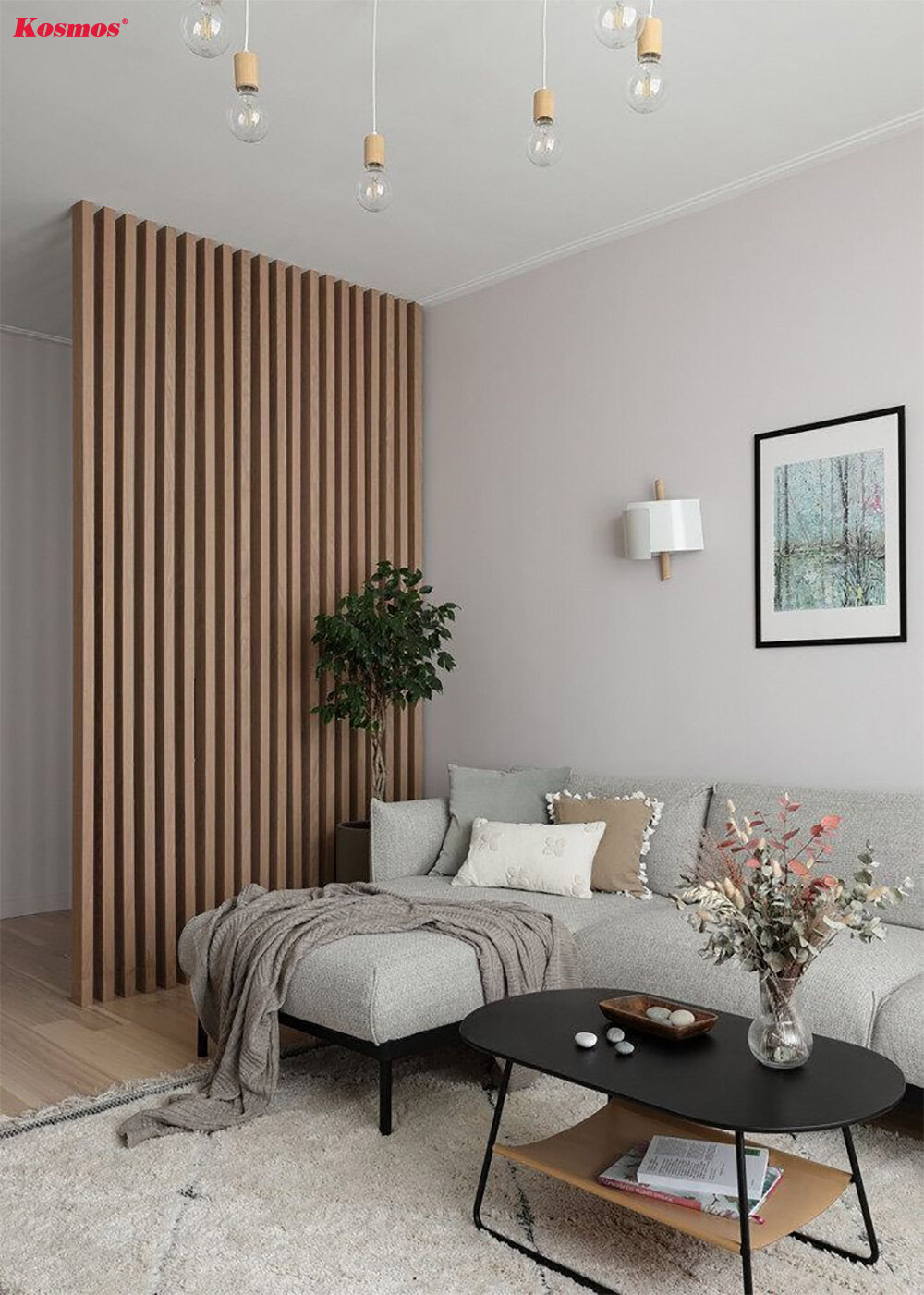 Vách ngăn thanh lam gỗ tự nhiên ứng dụng phòng khách