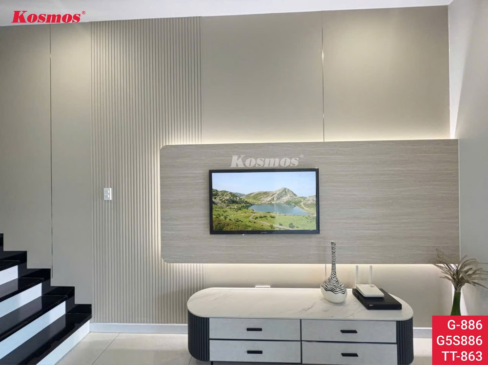 Vách tivi ốp tấm thanh tre được lắp đặt bởi Đại Lý Khải Hoàn