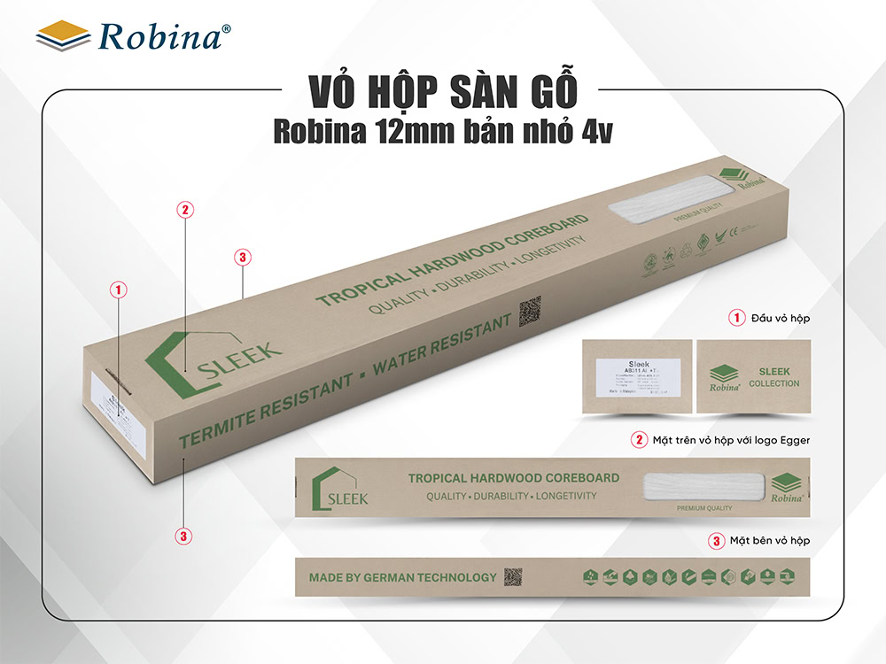 Vỏ hộp sàn gỗ Robina 12mm bản nhỏ 4V