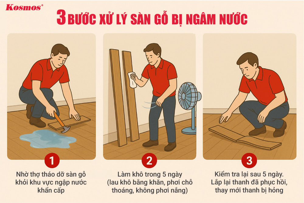 3 bước xử lý sàn gỗ bị ngập nước
