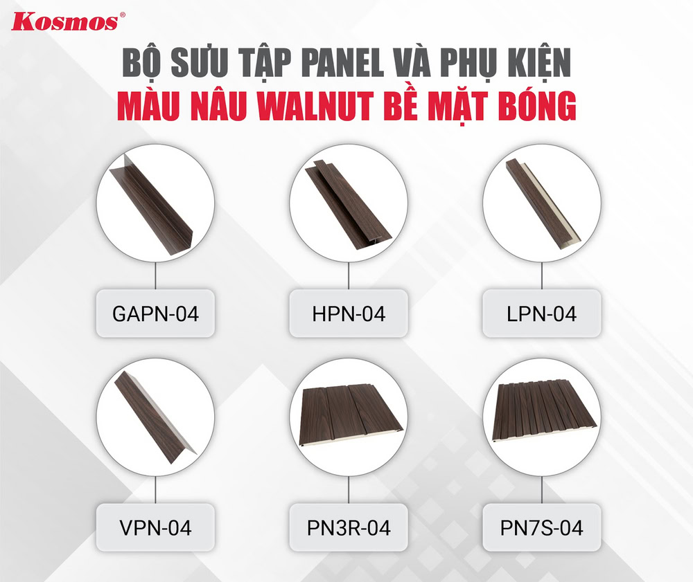 Bộ sưu tập Panel và phụ kiện màu nâu walnut bề mặt bóng Bộ sưu tập Panel và phụ kiện màu nâu walnut bề mặt bóng