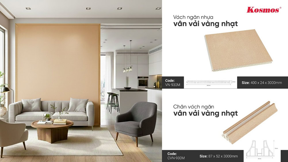 Hình nội thất lắp đặt tấm vách ngăn nhựa 2 mặt vân vải vàng nhạt VN-930M