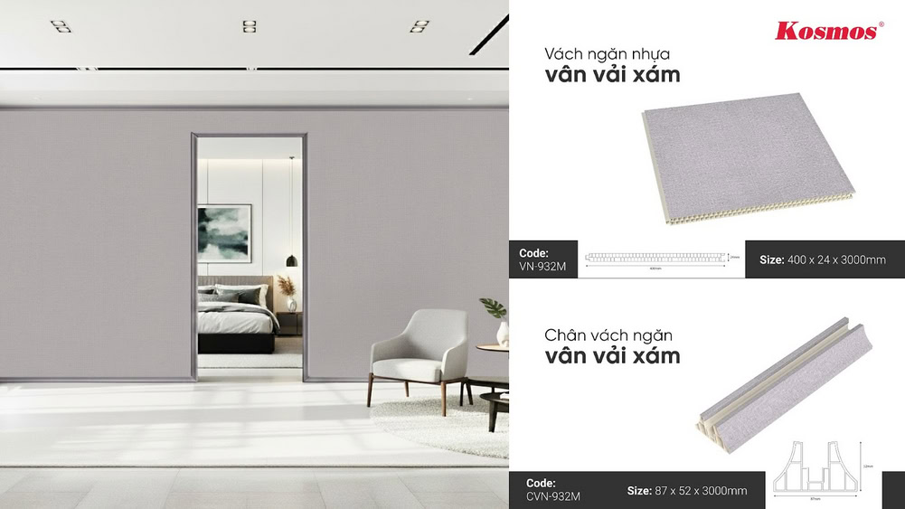 Hình nội thất lắp đặt tấm vách ngăn nhựa 2 mặt vân vải xám VN-932M Hình nội thất lắp đặt tấm vách ngăn nhựa 2 mặt vân vải xám VN-932M