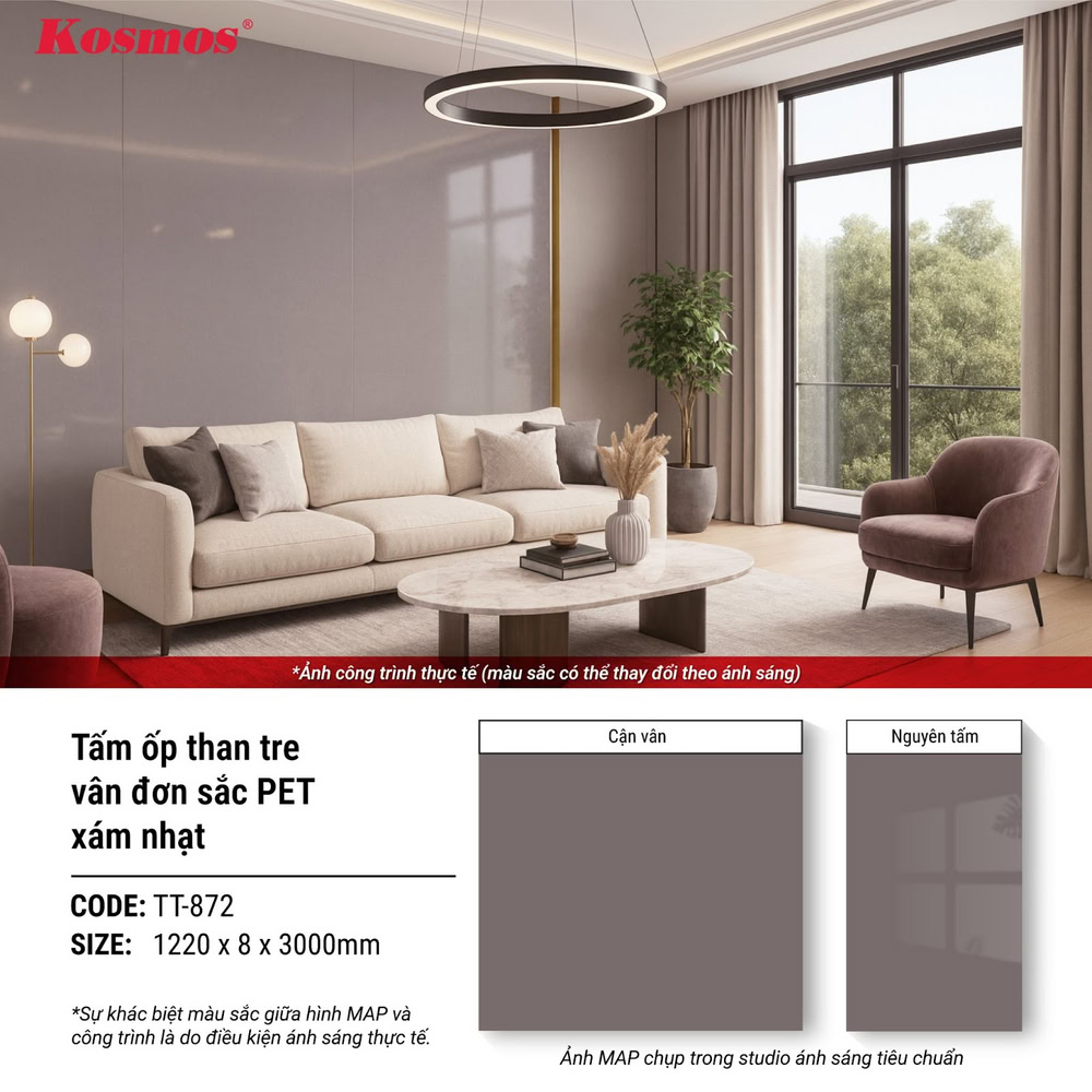 Hình ứng dụng tấm ốp than tre đơn sắc PET Kosmos màu xám nhạt TT-872