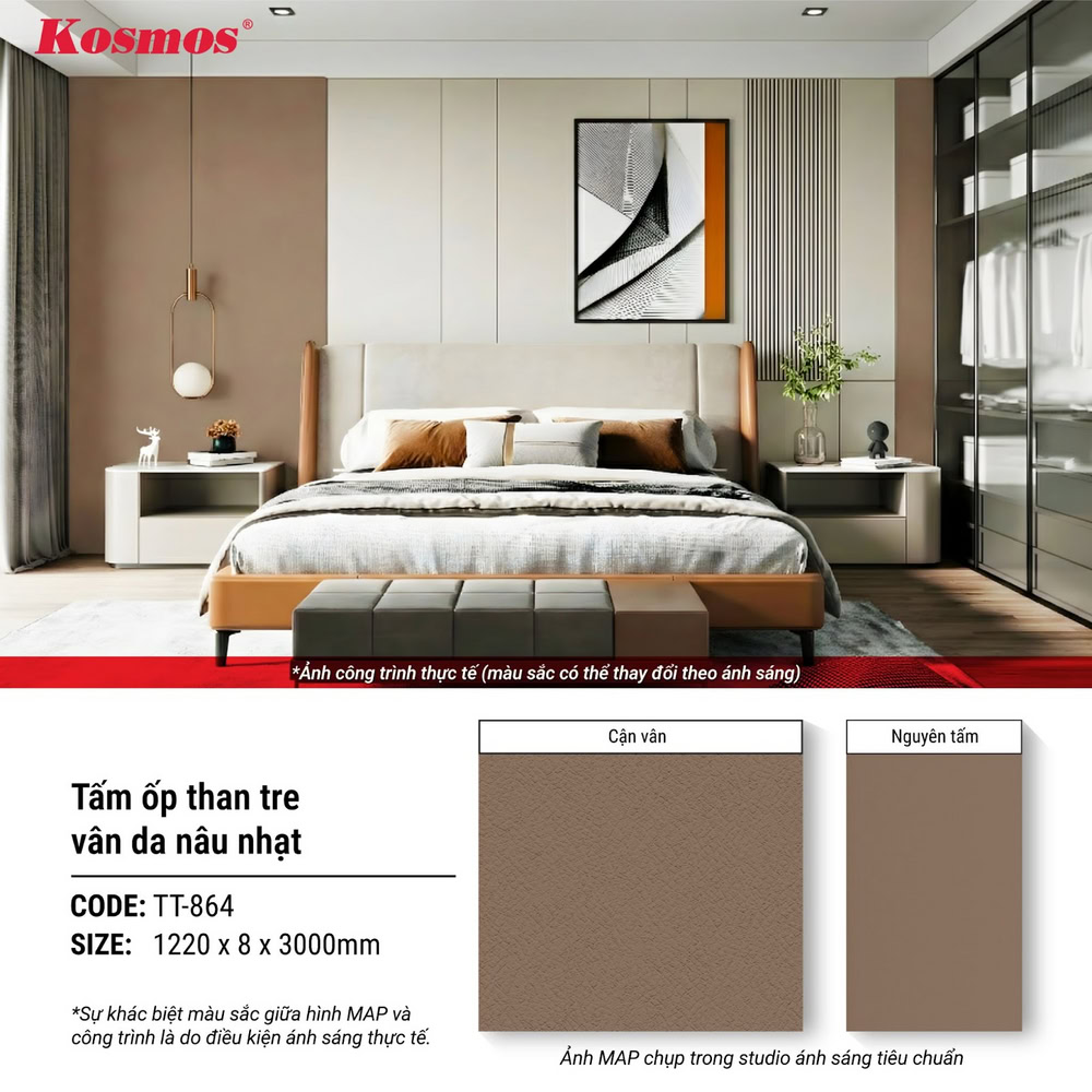 Hình ứng dụng tấm ốp than tre vân da Kosmos màu nâu nhạt TT-864